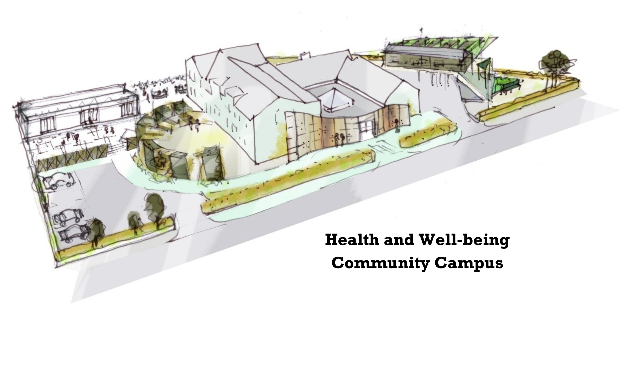 Architectural drawing of the new Health and Well-being community campus when complete